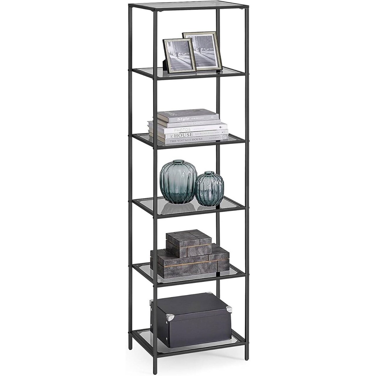 Narrow Glass Shelf Bookcase with Steel Frame for Bedroom Living Room Office Bathroom Storage